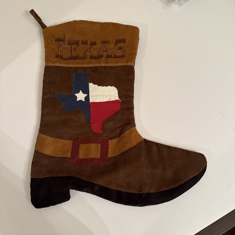 Texas Western Cowboy Boot Christmas Stocking Brown Faux Suede Texas Flag Decor